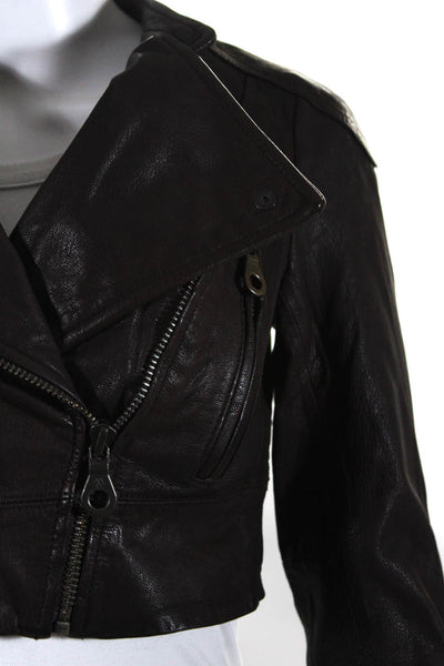 Martin + Osa Womens Leather Long Sleeve Side Zip Cropped Jacket Brown Size XS