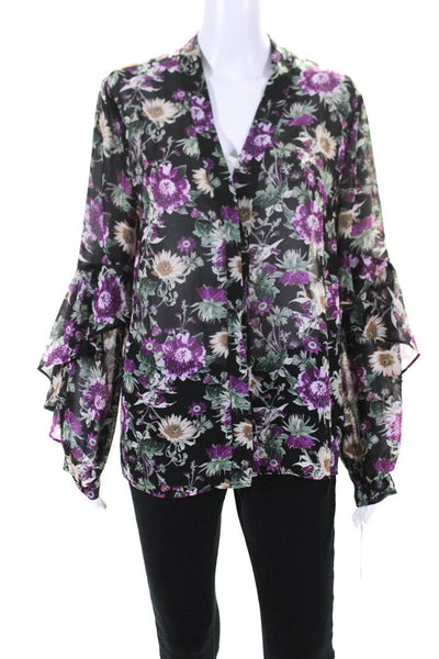 Rachel Rachel Roy Women's Floral Long Sleeve Button Down Blouse Black Size L