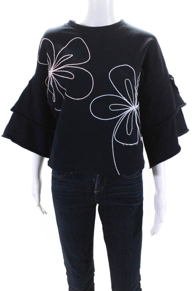 Parker Womens Navy Cotton Floral Embroidered 3/4 Sleeve Sweater Top Size XS