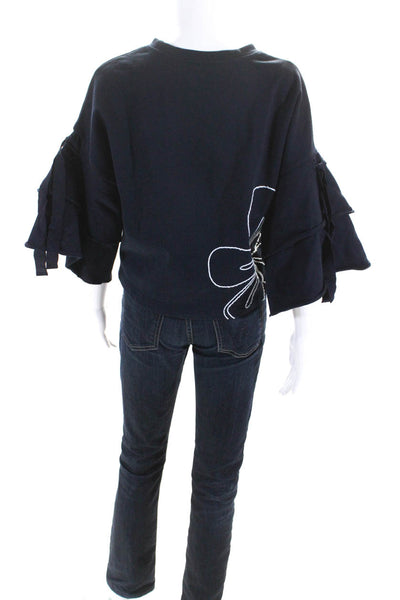 Parker Womens Navy Cotton Floral Embroidered 3/4 Sleeve Sweater Top Size XS
