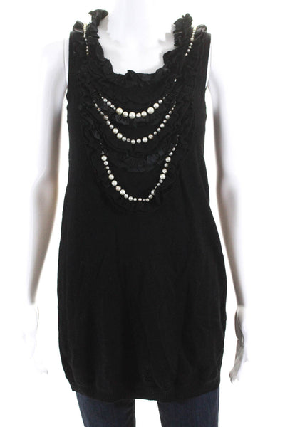 Nanette Lepore Womens Wool Ruffle + Faux Pearl Sleeveless Knit Top Black Size XS