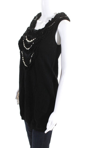 Nanette Lepore Womens Wool Ruffle + Faux Pearl Sleeveless Knit Top Black Size XS