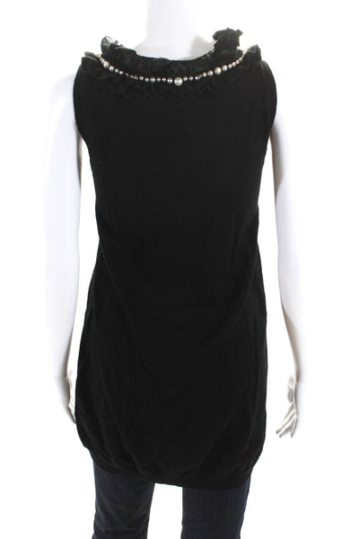 Nanette Lepore Womens Wool Ruffle + Faux Pearl Sleeveless Knit Top Black Size XS