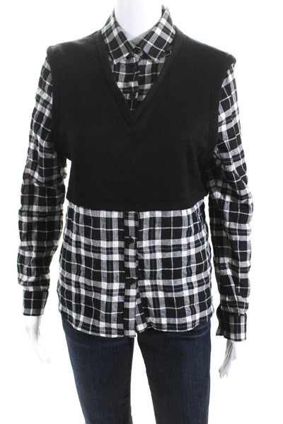 Drew Womens Plaid Collared Long Sleeve Button Up Blouse Top Black Size 6