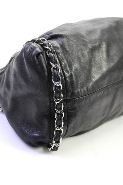 Chanel Womens Leather Ruched Double Chain Strap Black Medium Tote Bag Handbag