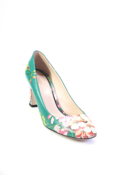 Gucci Womens Block Heel Round Toe Floral Pumps Green Leather Size 39.5