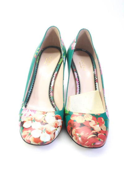 Gucci Womens Block Heel Round Toe Floral Pumps Green Leather Size 39.5