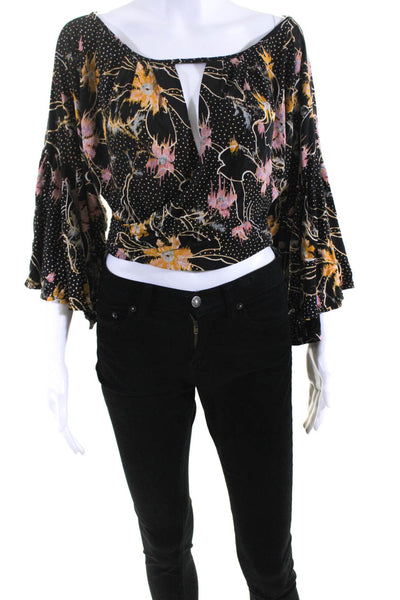 Free People Womens Flared Long Sleeved Cropped Wrap Blouse Black Yellow Size XS