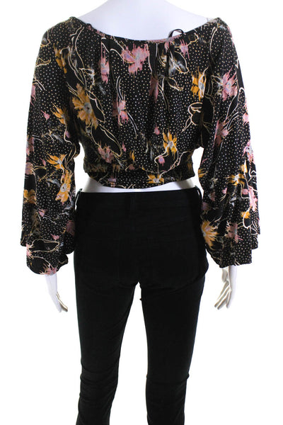 Free People Womens Flared Long Sleeved Cropped Wrap Blouse Black Yellow Size XS