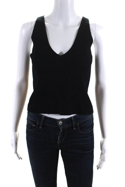 Theory Womens Ribbed V-Neck Sleeveless Pullover Tank Top Blouse Black Size P