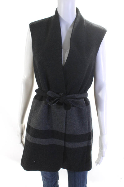Vince Womens Wool Striped Snapped Buttoned Belted Vest Jacket Gray Size XS