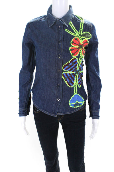 Michaela Buerger Womens Blue Floral Croquet Denim Button Down Shirt Size XS