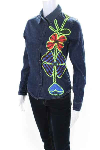 Michaela Buerger Womens Blue Floral Croquet Denim Button Down Shirt Size XS