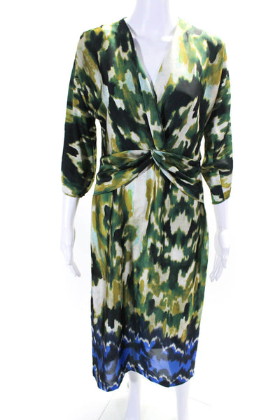 Zara Womens Satin Abstract Printed V-Neck Long Sleeve Maxi Dress Green Size S