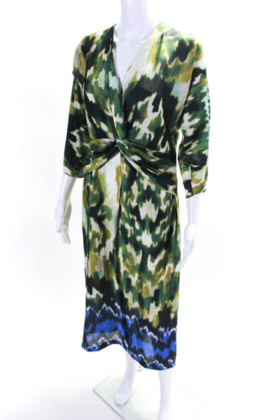 Zara Womens Satin Abstract Printed V-Neck Long Sleeve Maxi Dress Green Size S