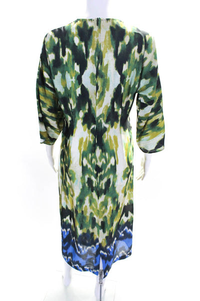 Zara Womens Satin Abstract Printed V-Neck Long Sleeve Maxi Dress Green Size S