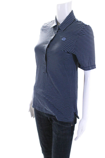 Tory Sport Womens Cotton Striped Print Short Sleeve Collared Top Blue Size M