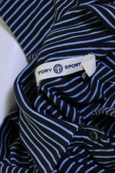 Tory Sport Womens Cotton Striped Print Short Sleeve Collared Top Blue Size M