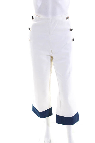 Vilagallo Womens Cotton Stripe Hem Straight Button Sailor Pants White Size EUR42