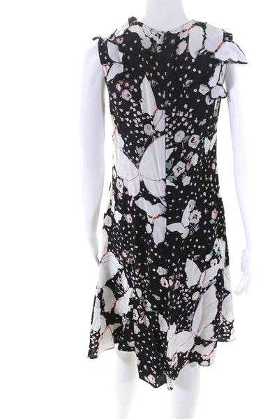 Valentino Womens Back Zip Sleeveless Floral Silk Swing Dress Black White Size 4
