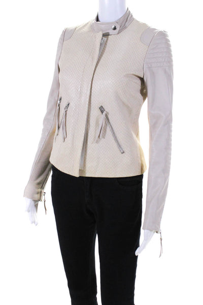 Rebecca Taylor Women's Long Sleeves Full Zip Leather Jacket Beige Size 0