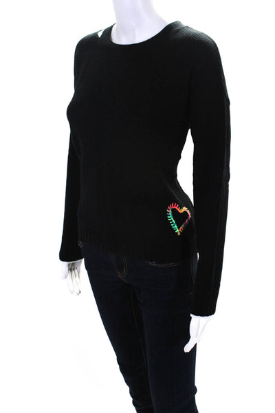 Lisa Todd Womens Black Cotton Embroidered Crew Neck Pullover Sweater Top Size M