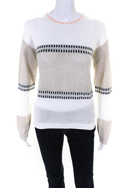 Lisa Todd Womens White Beige Color Block Open Knit Cotton Sweater Top Size S