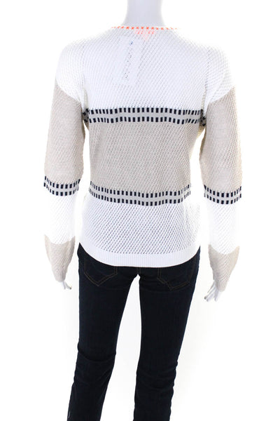 Lisa Todd Womens White Beige Color Block Open Knit Cotton Sweater Top Size S