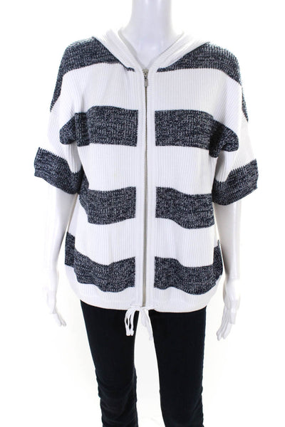 Kinross Womens White Blue Striped Cotton Full Zip Short Sleeve Hoodie Top Size S