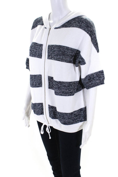 Kinross Womens White Blue Striped Cotton Full Zip Short Sleeve Hoodie Top Size S