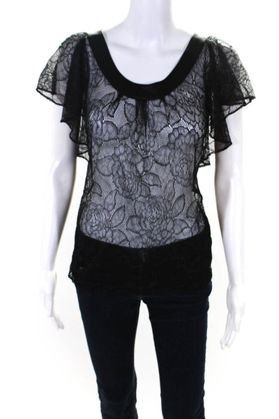 7 For All Mankind Womens Floral Lace Ruffled Short Sleeve Blouse Black Size M