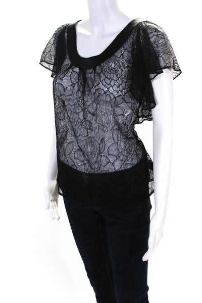 7 For All Mankind Womens Floral Lace Ruffled Short Sleeve Blouse Black Size M