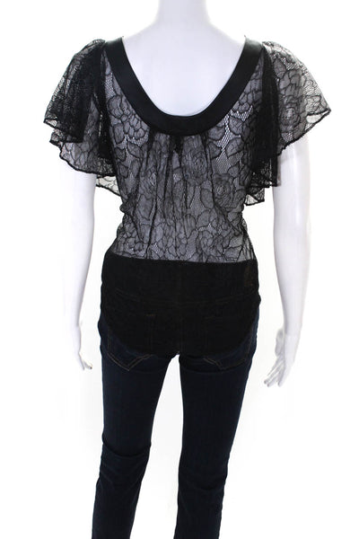 7 For All Mankind Womens Floral Lace Ruffled Short Sleeve Blouse Black Size M