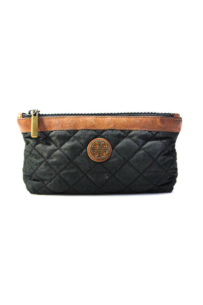 Tory Burch Womens Quilted Fabric Leather Zippered Pouch Wallet Black Brown Small
