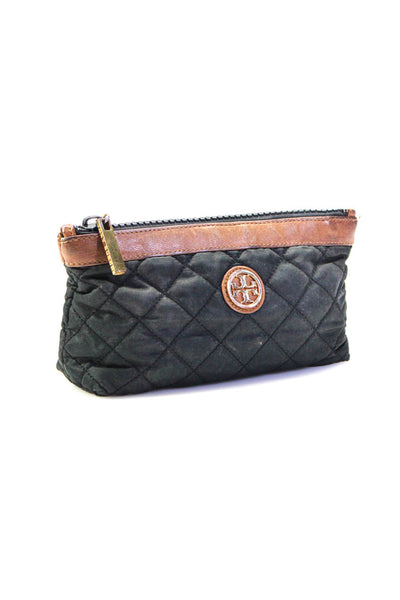 Tory Burch Womens Quilted Fabric Leather Zippered Pouch Wallet Black Brown Small
