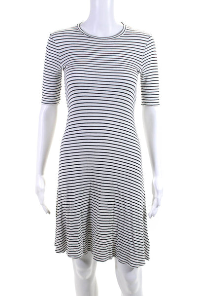 Three Dots Women's Crewneck Short Bodycon Midi Dress Black White Stripe Size XS