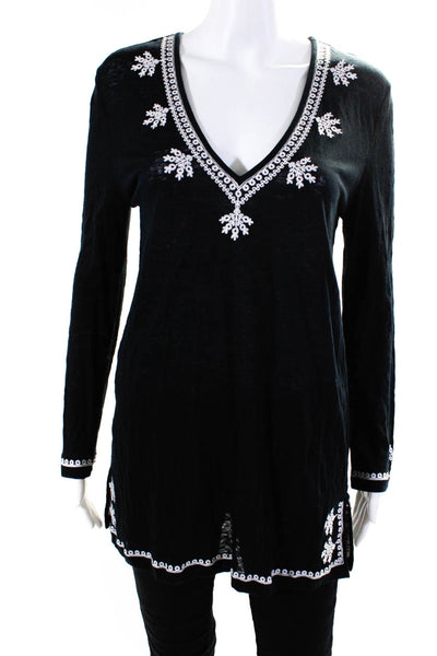 Joie a la Plage Womens Embroidered V Neck Tunic Blouse Black Linen Size Medium