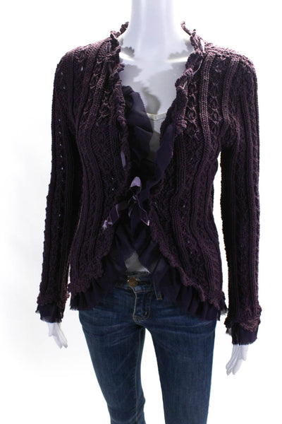 Daslu Womens Thick Knit Velvet Bow Tie Front Cardigan Sweater Purple Medium