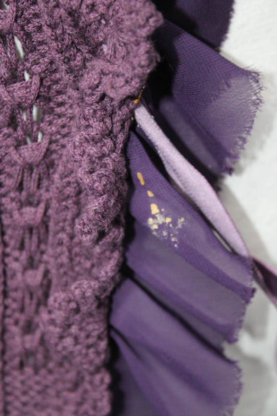 Daslu Womens Thick Knit Velvet Bow Tie Front Cardigan Sweater Purple Medium
