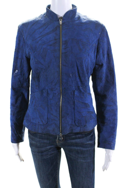Designer Womens High Neck Full Zip Textured Leather Jacket Blue Size IT 44