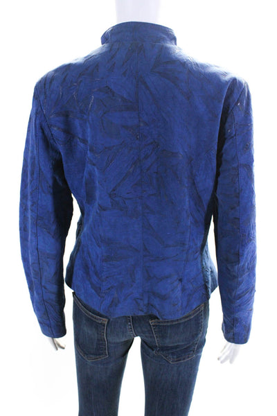 Designer Womens High Neck Full Zip Textured Leather Jacket Blue Size IT 44