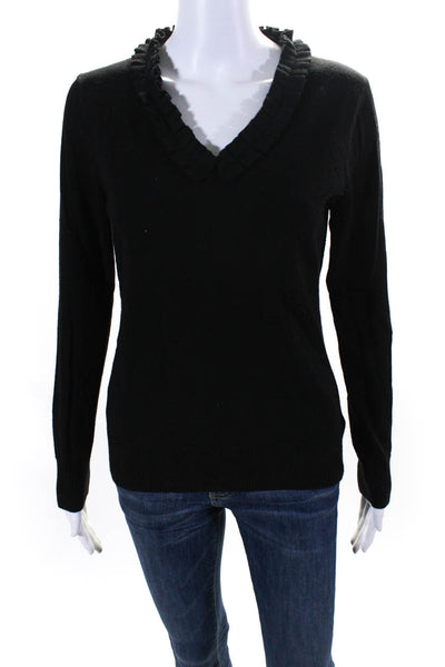 Brooks Brothers Womens V Neck Ruffle Trim Pullover Sweater Black Wool Medium