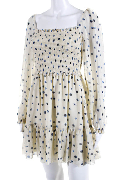 Wilfred Womens Cream Blue Polka Dot Smocked Off Shoulder Fit & Flare Dress SizeS