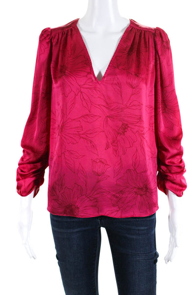 Joie Womens Fuschia Floral Print V-Neck Ruched Long Sleeve Blouse Top Size S