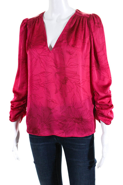 Joie Womens Fuschia Floral Print V-Neck Ruched Long Sleeve Blouse Top Size S
