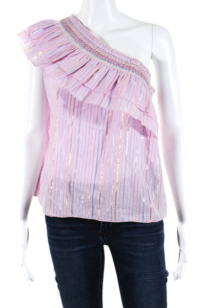 Saylor Womens Pink Metallic Striped One Shoulder Sleeveless Blouse Top Size S
