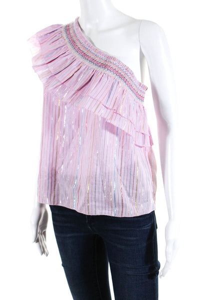 Saylor Womens Pink Metallic Striped One Shoulder Sleeveless Blouse Top Size S