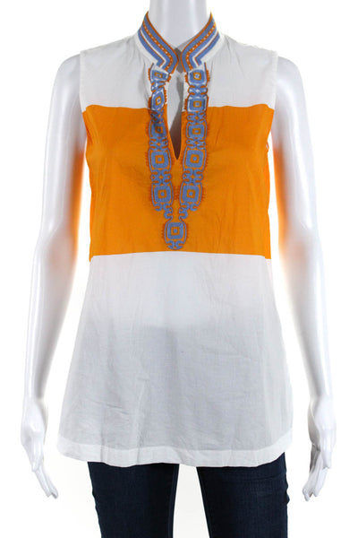 Tory Burch Women's Sleeveless Embroidered Collar Blouse White Orange Size 0