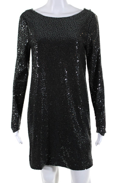 Tibi Womens Long Sleeve Scoop Neck Sequin Shift Dress Gray Size Small