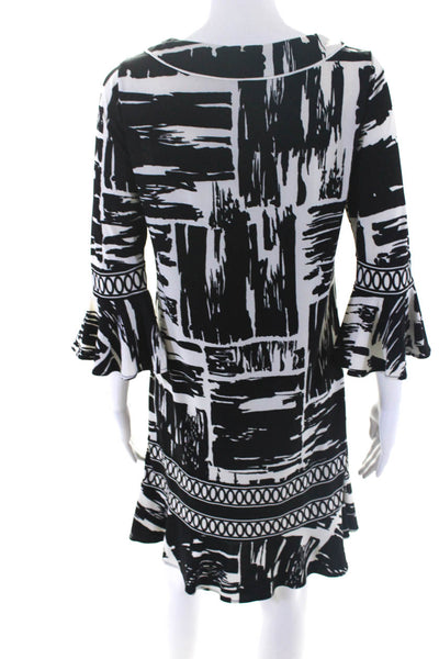 BCBG Max Azria Womens Abstract Print Flounce Long Sleeve Dress White Size S